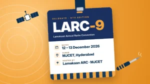 LARC-9 delegate badge graphic: Lamakaan Annual Radio Convention, 12-13 December 2026, MJCET Hyderabad